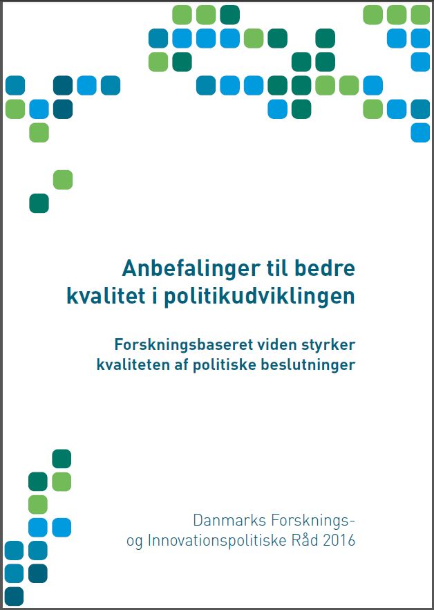 'Anbefalinger til bedre kvalitet i politikudvikling'  er Danmarks Forsknings- og Innovationspolitiske Råds tre anbefalinger til, hvordan det i højere grad sikres, at der anvendes forskningsbaseret viden i politikudvikling, så  kvaliteten af politiske beslutninger styrkes.